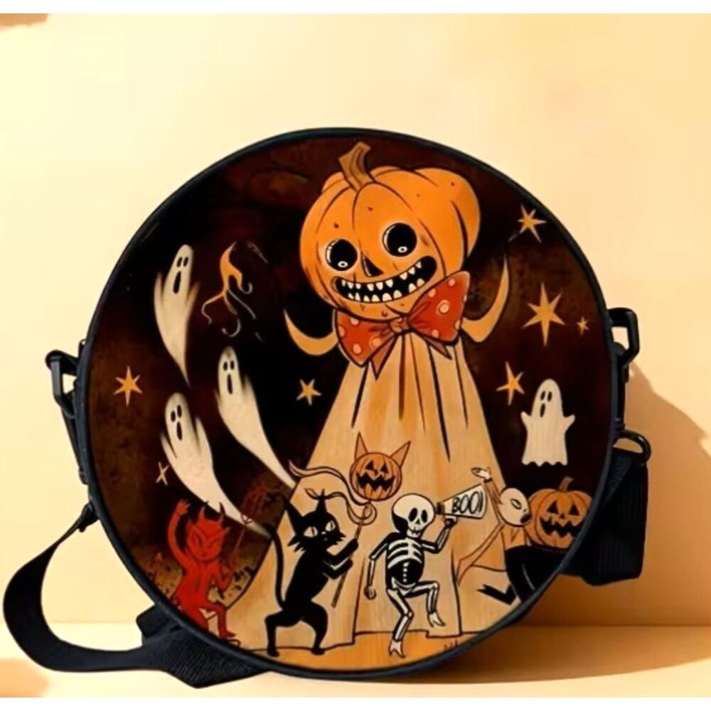 Halloween Pumpkin Ghost Round Canvas Crossbody Backpack Bag Adjustable Strap - Picture 2 of 3